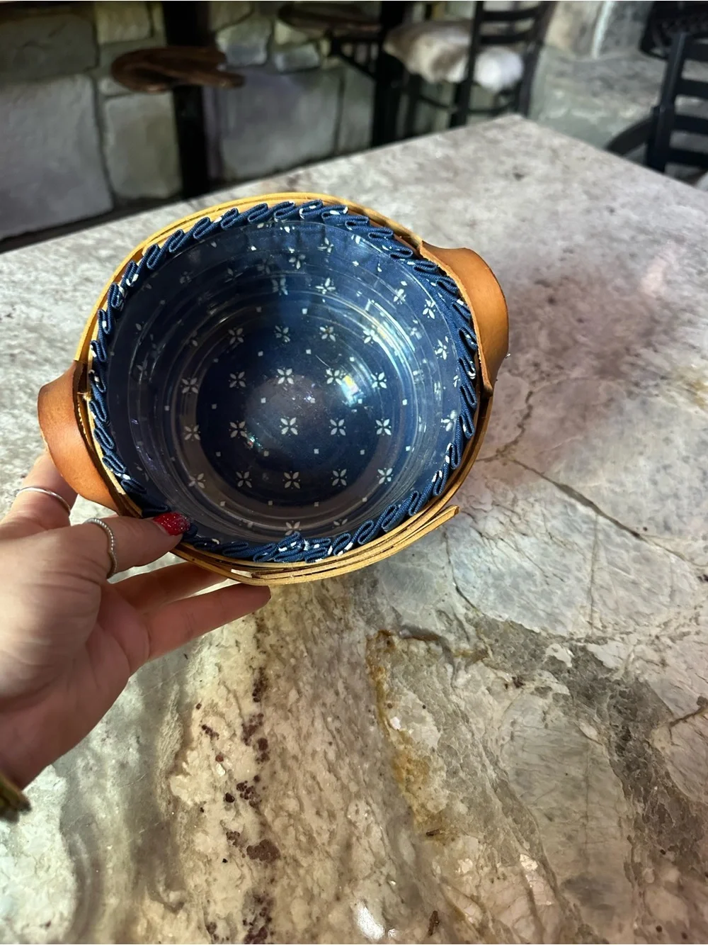 Longaberger Small Handwoven Basket with Navy Floral Liner